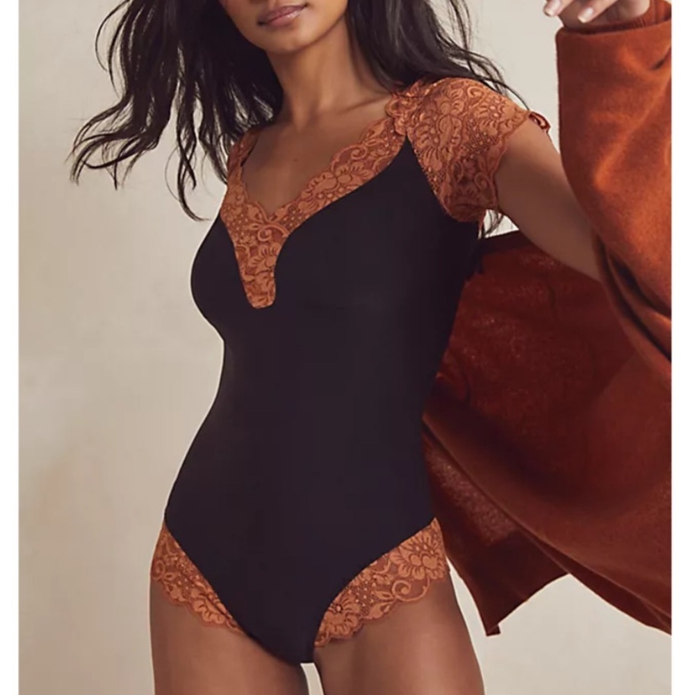 Black & Rust Lace-Trim Bodysuit